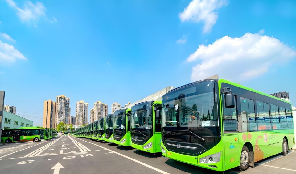 Electric bus driving on city roads